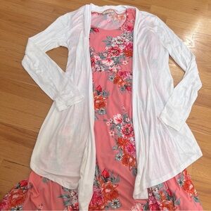 Floral Pink Dress with White Cardigan